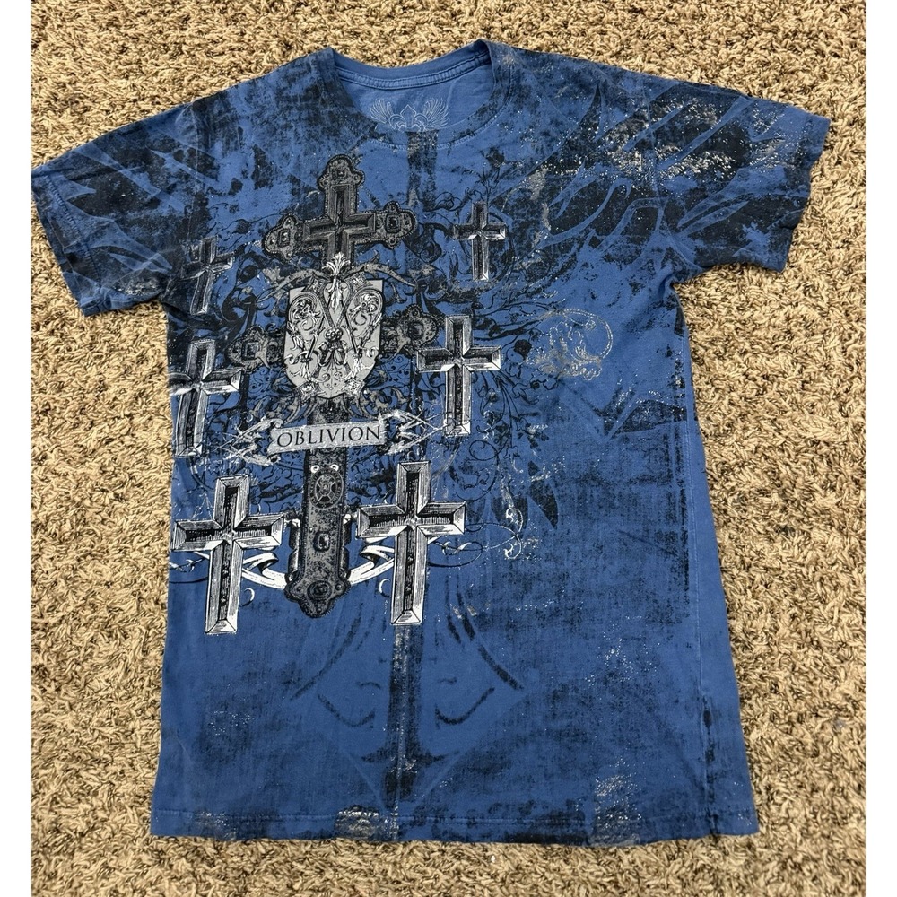 VTG Xzavier Shirt Blue Cross Graphic All Over Print Gothic Mens Sz Small